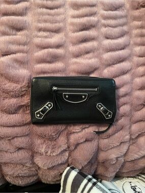 Balenciaga Black Leather Zip Wallet with Silver Hardware